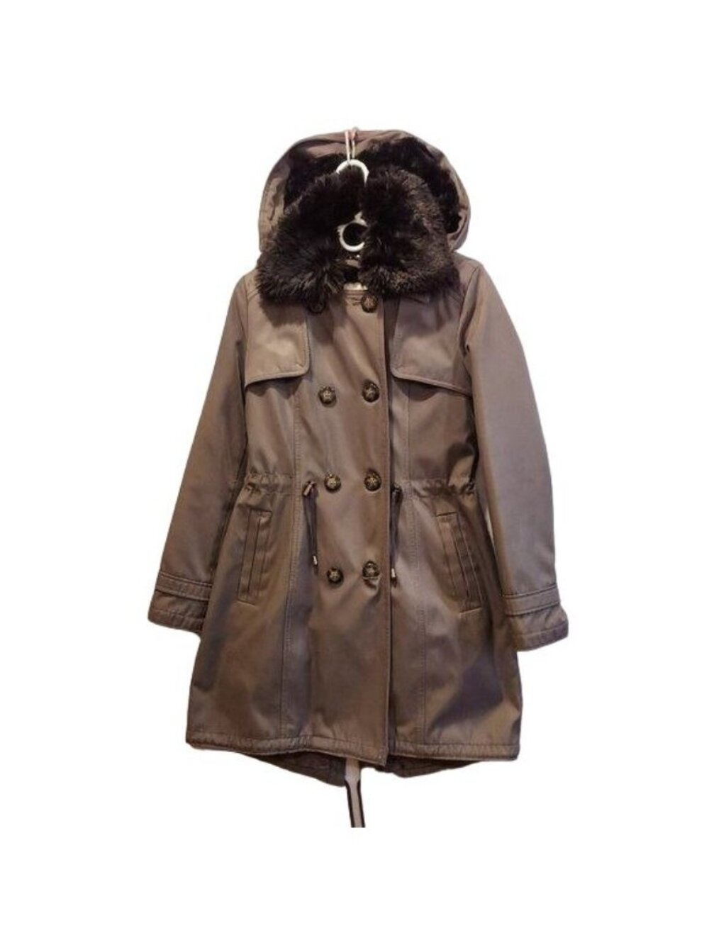 Laundry Womens S Gray Coat Double Breasted removable hood Faux fur liner collar